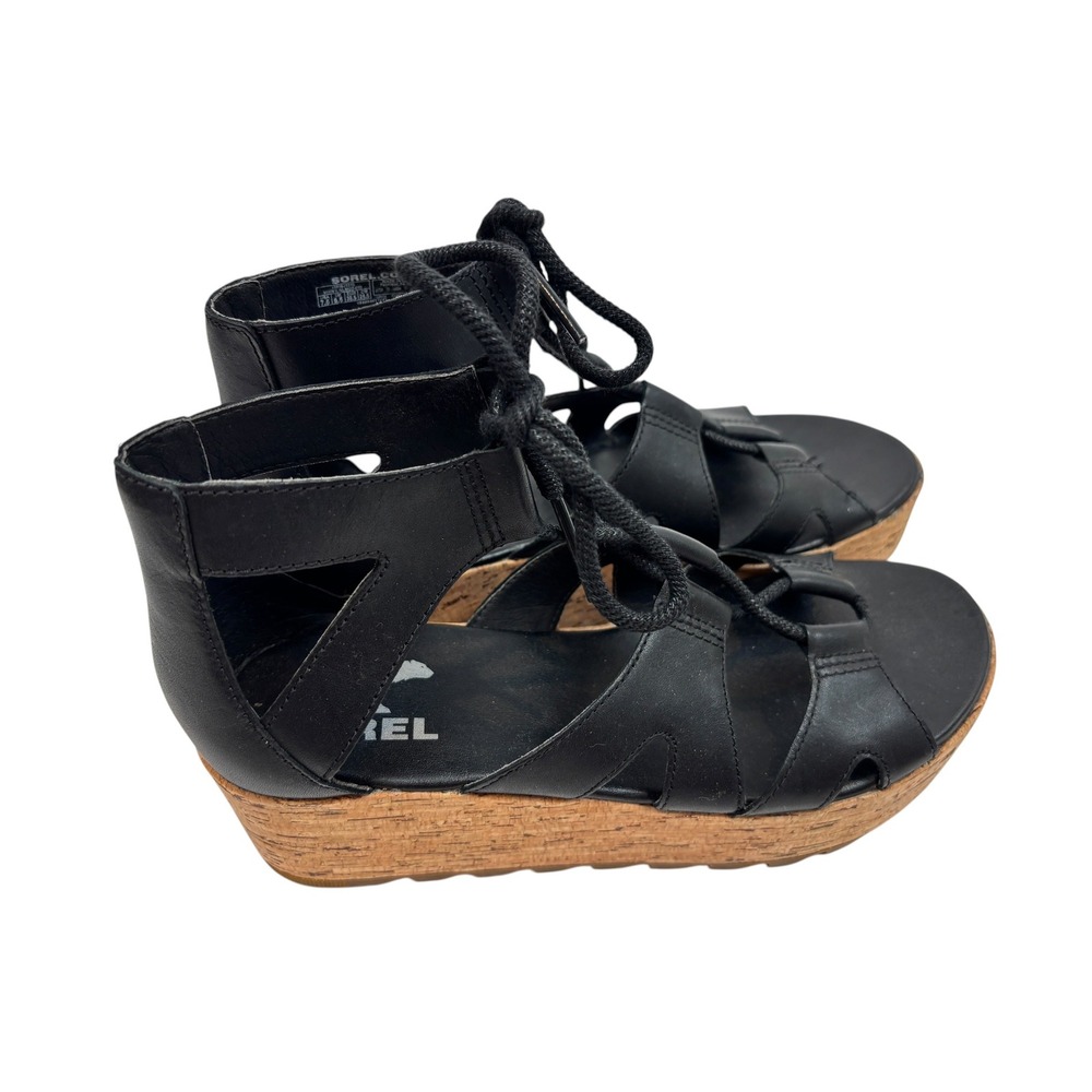 Sorel Joanie II Lace Black Leather Cork Platform Wedge Gladiator Sandals 8.5 - Picture 4 of 11